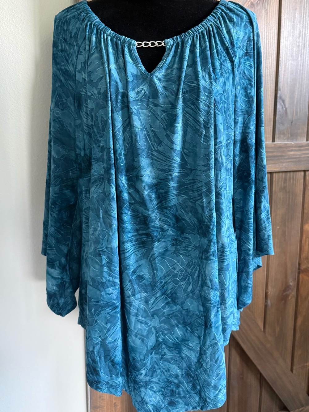 Sami & Jo Teal Blue Printed Peasant Tunic with Chain Accent